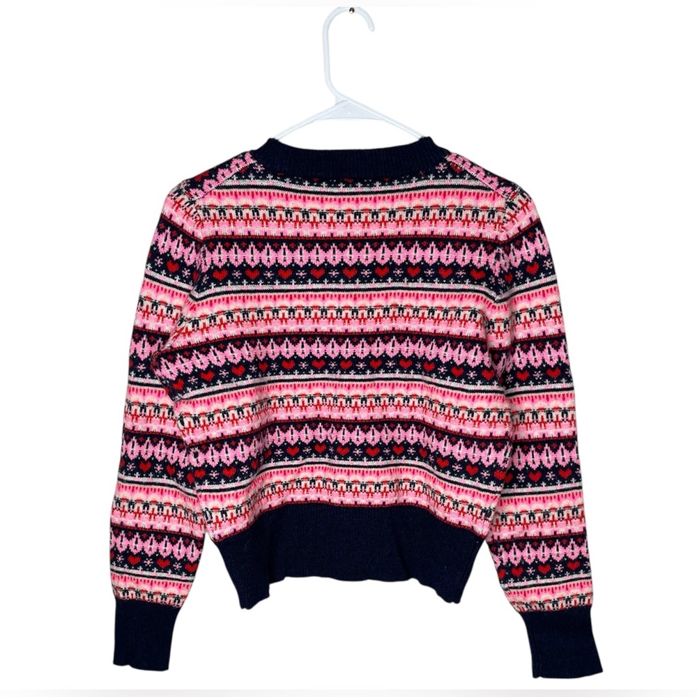J. Crew Navy Shrunken Fair Isle Crewneck Sweater Size XS Pink Red Hearts - Picture 3 of 9